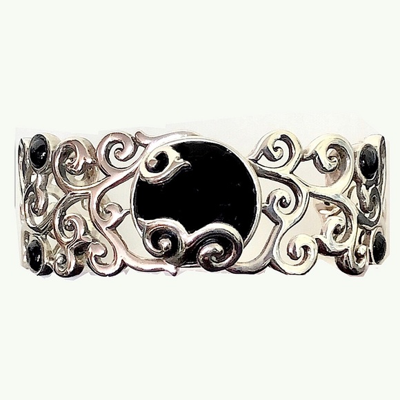 BARSE Black Onyx Cabochon Sterling Silver Scroll Filigree Cuff Bracelet MINT - Picture 1 of 15